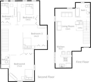 4 bedroom, 2 bath bi-level apartment floor plan
