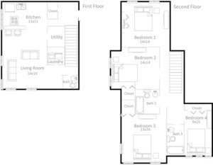 4 bedroom, 2.5 bath bi-level apartment floor plan