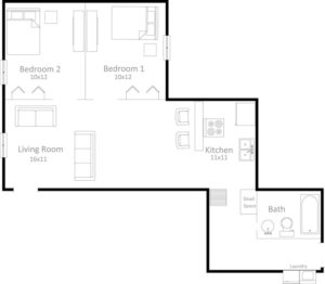 2 bedroom, 1 bathroom apartment floor plan