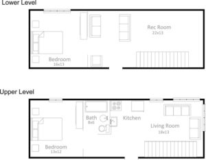 2 bedroom 1 bathroom floor plan bi-level