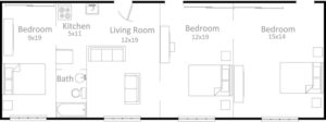 3 bedroom, 1 bathroom apartment floor plan