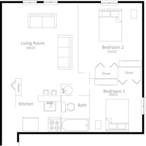 2 bedroom, 1 bathroom apartment floor plan