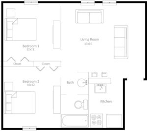 2 bedroom 1 bath apartment floor plan