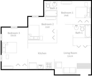 3 bedroom, 2 bathroom apartment floor plan