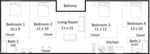 4 bedroom, 2 bathroom apartment floor plan