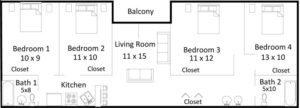 4 bedroom, 2 bathroom floorplan of apartment