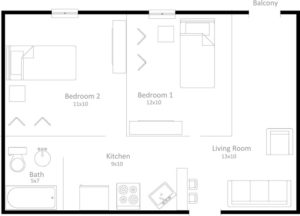2 bedroom, 1 bath floor plan of apartment