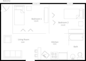 2 bedroom, 1 bathroom 532 sqft apartment floor plan