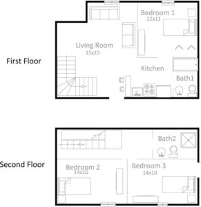 3 bedroom, bi-level apartmenf floor plan