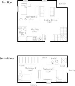 3 bedroom, 2 bathroom apartment floor plan