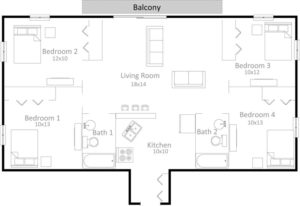 4 bedroom 2 bath apartment floor plan