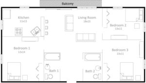 3 bedroom, 2 bath Apartment floor plan
