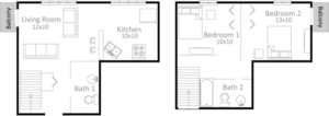 2 bedroom, 2 bath bi-level apartment floor plan