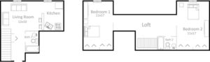 2 bedroom, 2 bathroom bi-level apartment floor plan
