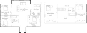 5 bedroom, 2 bathroom bi-level apartment floor plan